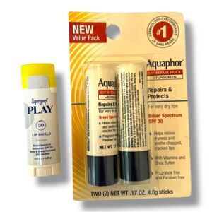 Supergoop! PLAY Lip Shield SPF 30 + Aquaphor Lip Repair Sticks with SPF 30